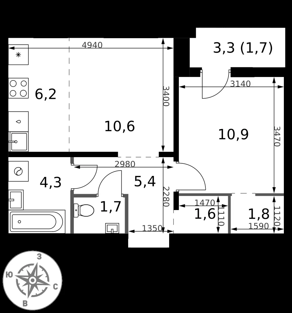 2-комнатная, 44,2 м² — 16 923 208 ₽