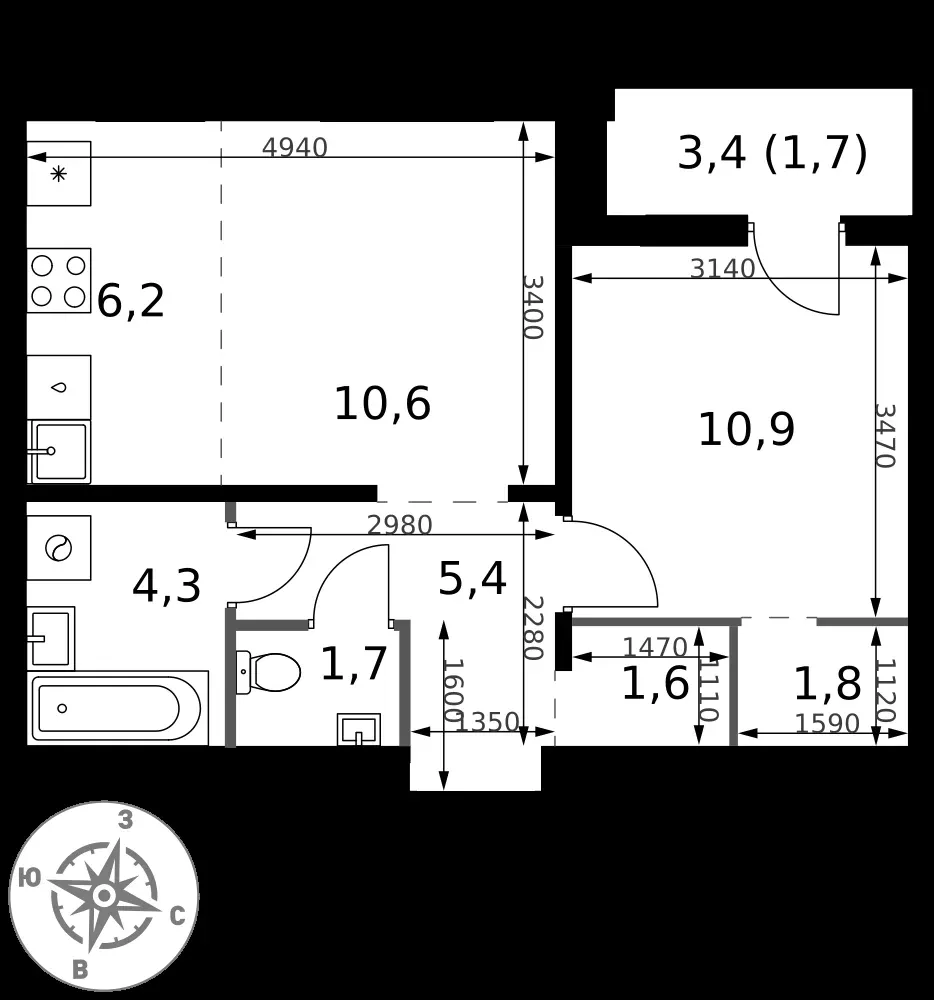 2-комнатная, 44,2 м² — 17 745 460 ₽