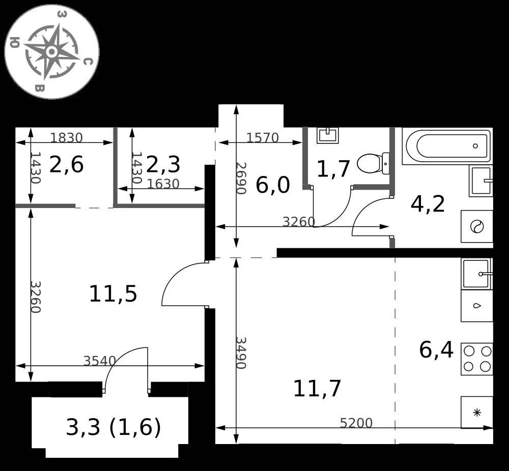 2-комнатная, 48 м² — 17 226 576 ₽