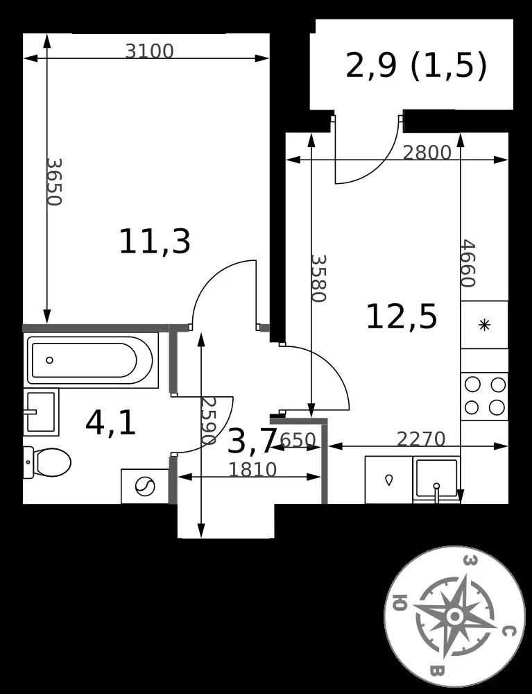 1-комнатная, 33,1 м² — 13 495 168 ₽