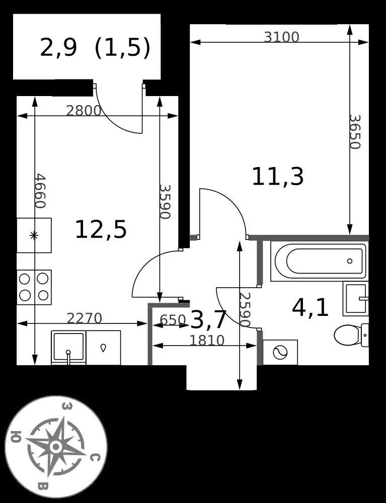 1-комнатная, 33,1 м² — 13 191 906 ₽