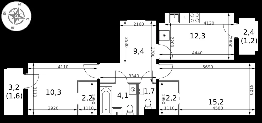 2-комнатная, 60,2 м² — 19 875 030 ₽