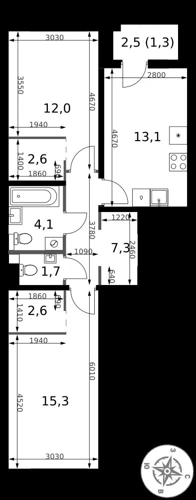 2-комнатная, 60 м² — 20 032 200 ₽