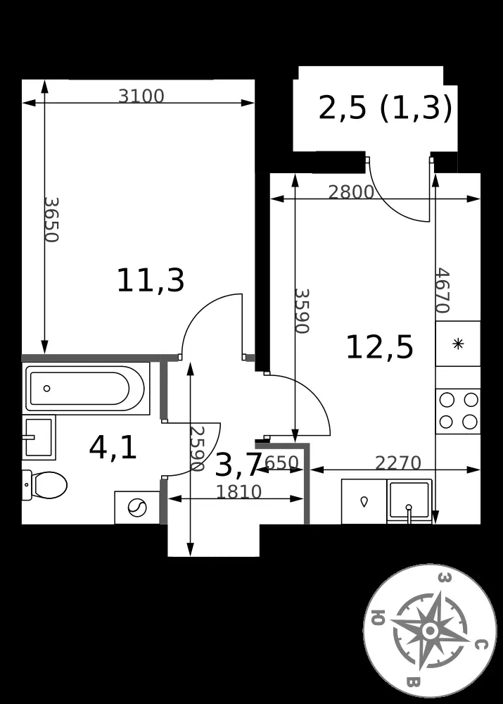 1-комнатная, 32,9 м² — 13 504 397 ₽