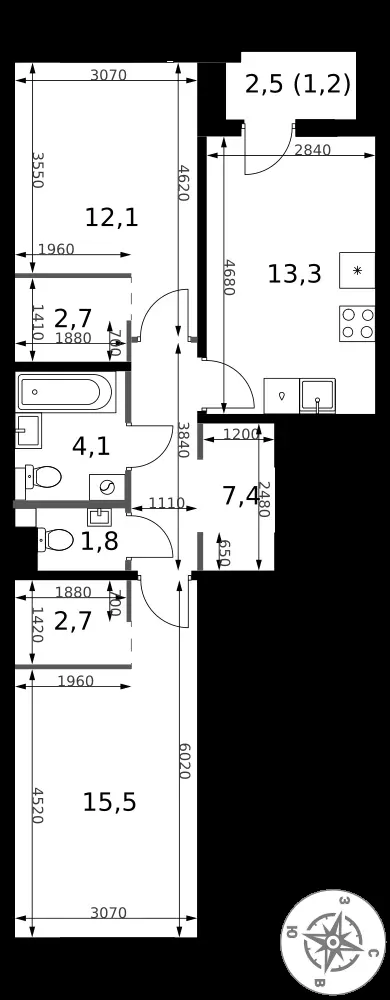 2-комнатная, 60,8 м² — 20 384 112 ₽