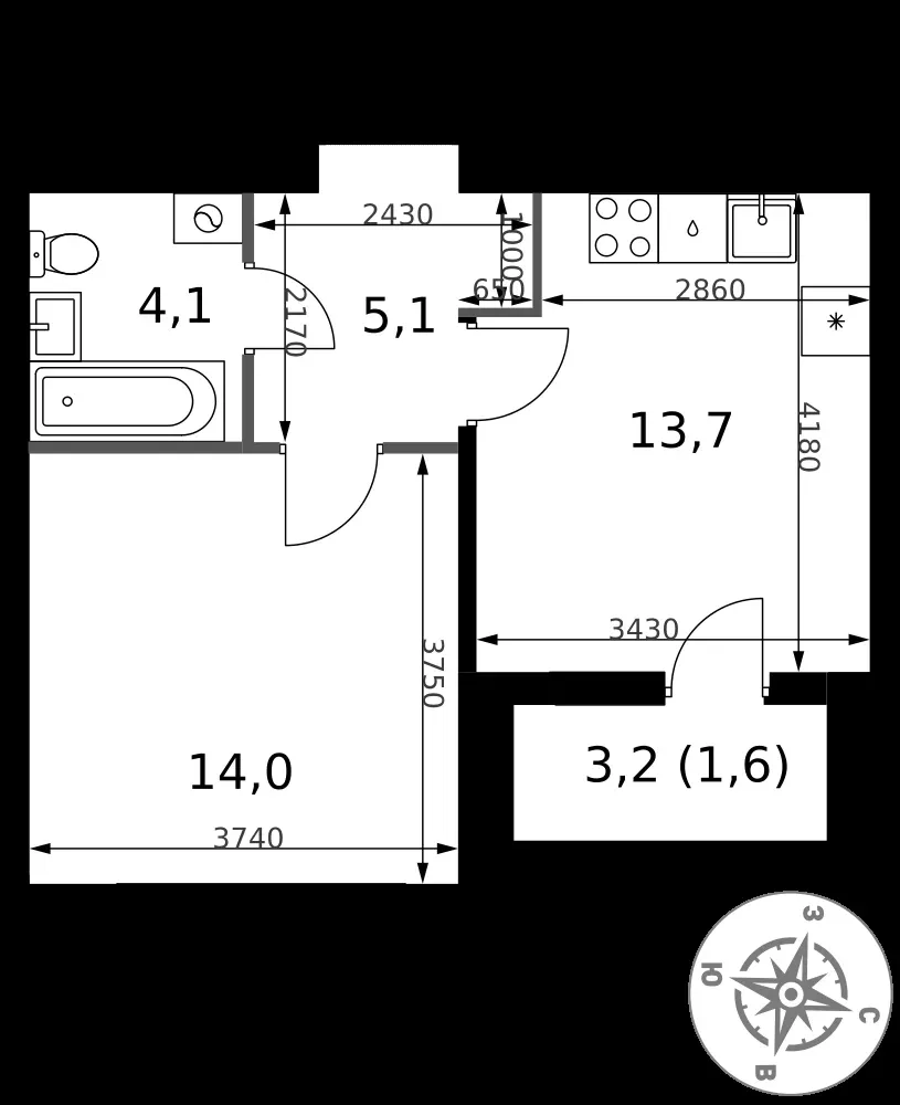 1-комнатная, 38,5 м² — 14 240 611 ₽
