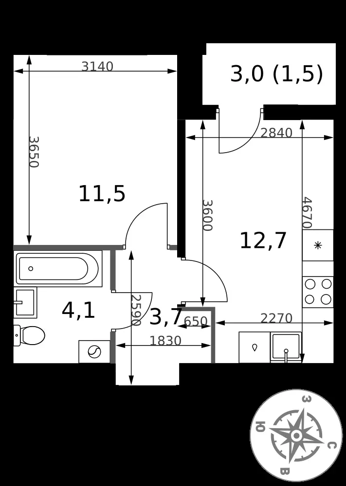 1-комнатная, 33,5 м² — 14 030 939 ₽
