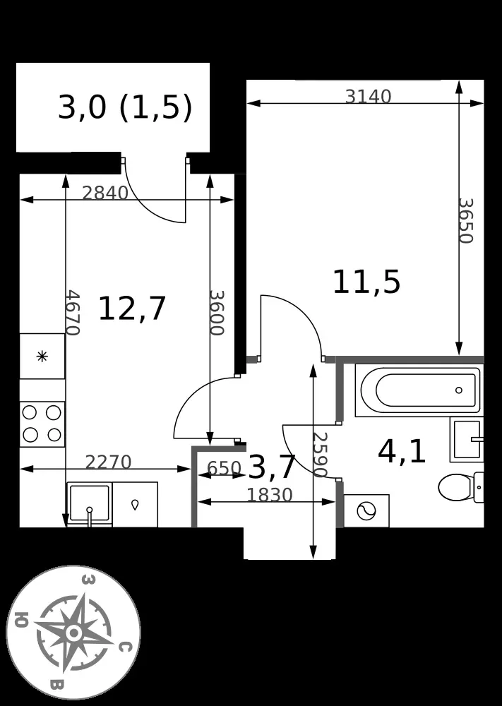 1-комнатная, 33,5 м² — 14 030 939 ₽