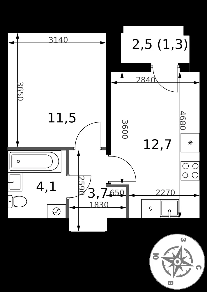 1-комнатная, 33,3 м² — 13 772 314 ₽