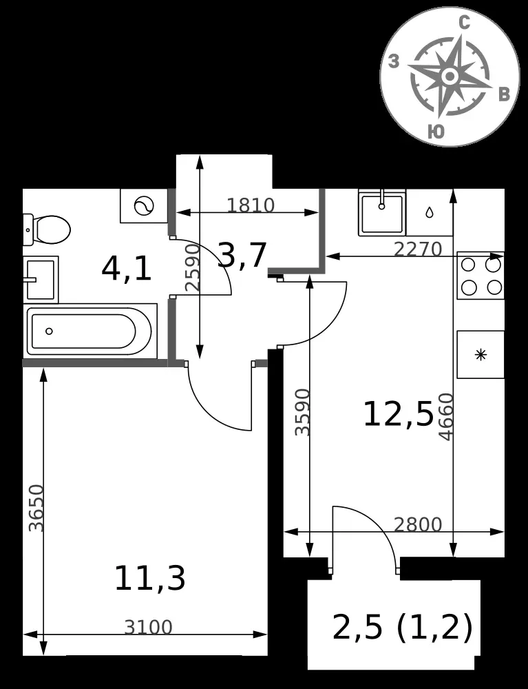 1-комнатная, 32,8 м² — 13 492 542 ₽