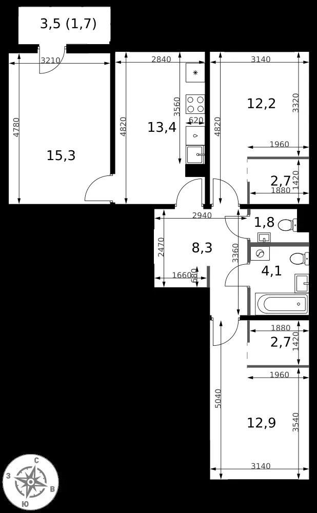 3-комнатная, 75,1 м² — 23 313 443 ₽