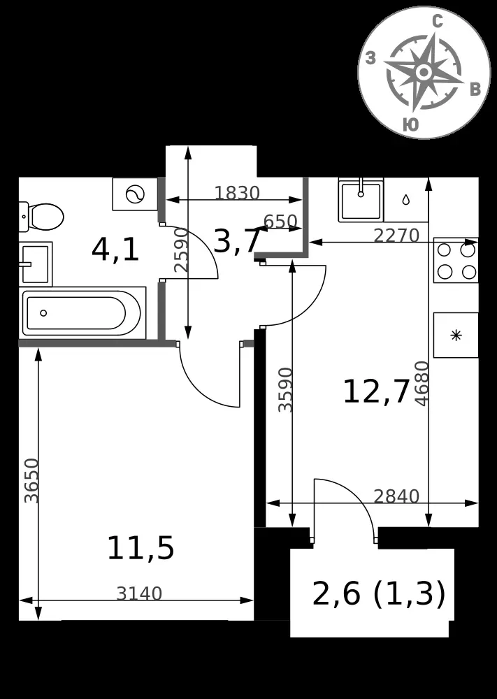 1-комнатная, 33,3 м² — 13 890 862 ₽