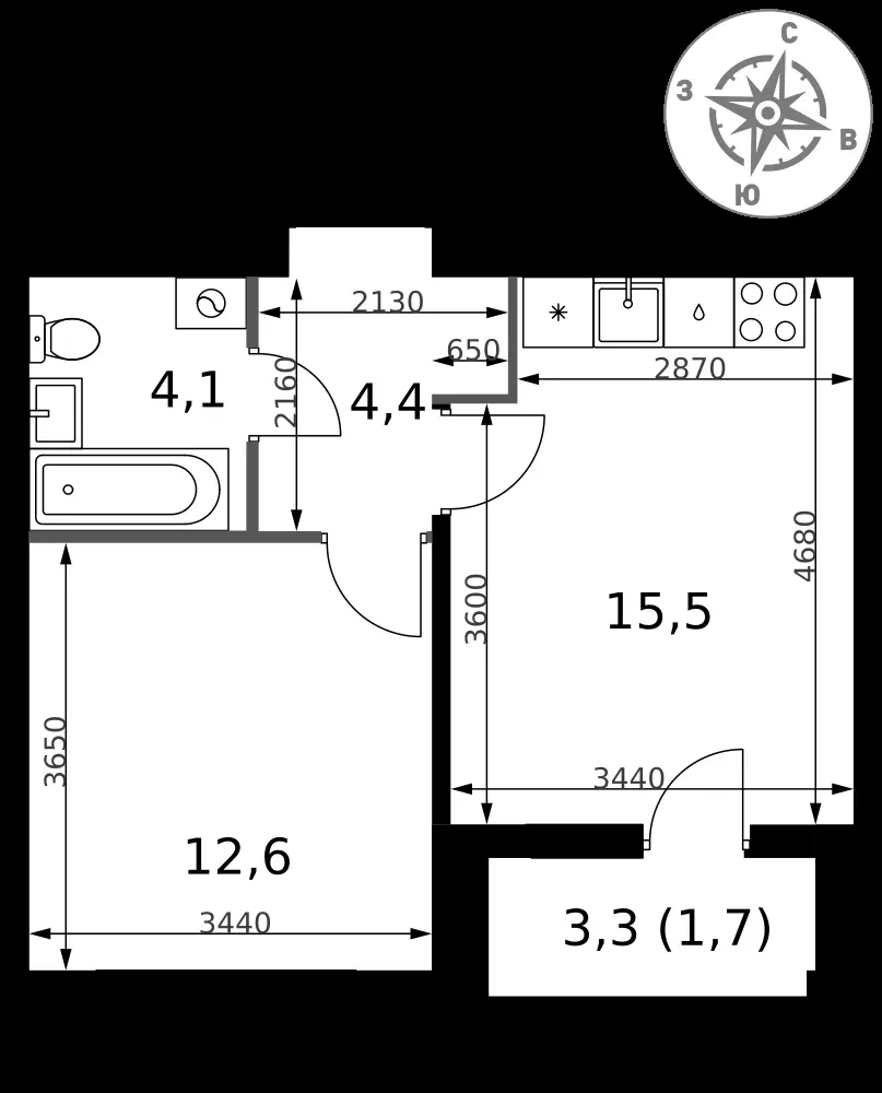 1-комнатная, 38,3 м² — 15 141 445 ₽