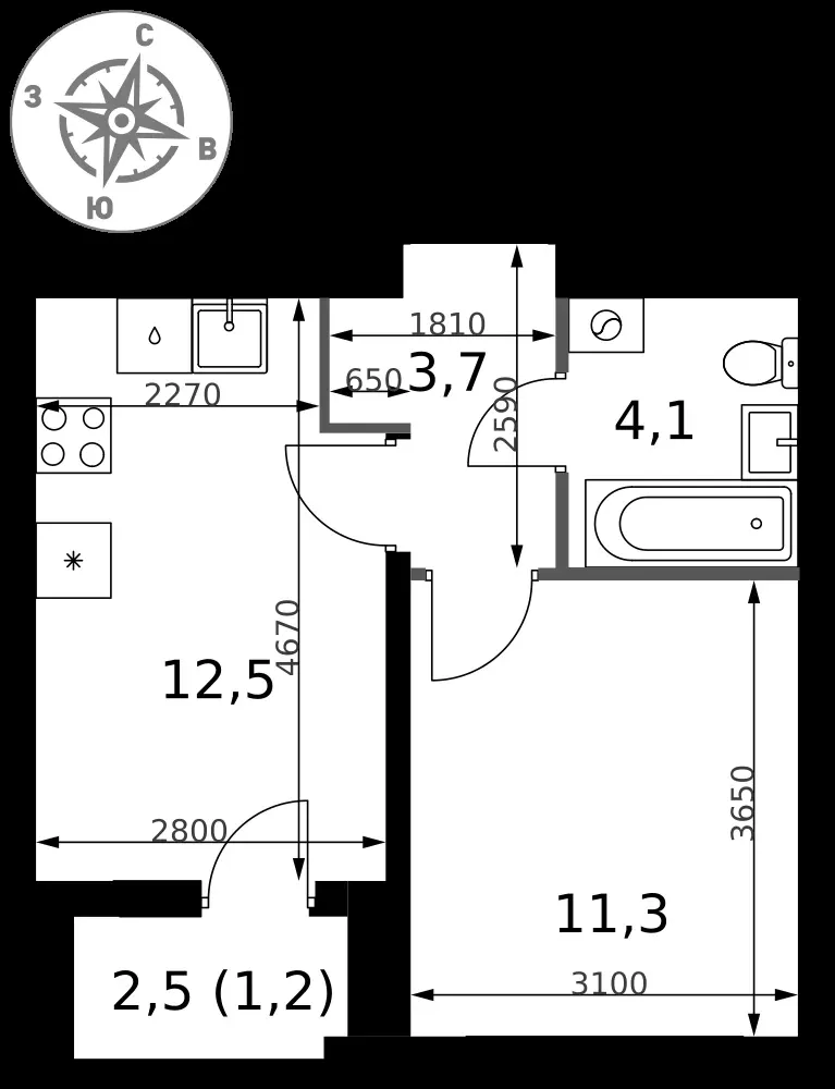 1-комнатная, 32,8 м² — 13 492 542 ₽