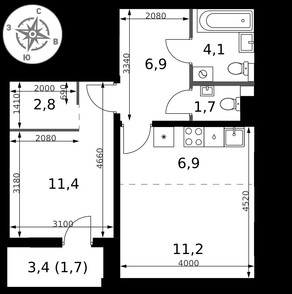2-комнатная, 46,7 м² — 17 407 145 ₽