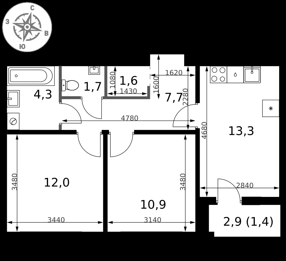 2-комнатная, 52,9 м² — 18 650 583 ₽