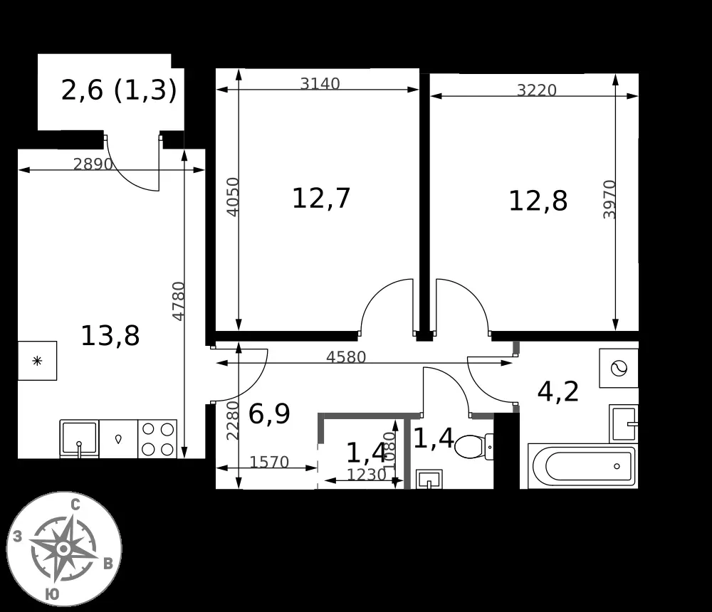 2-комнатная, 54,5 м² — 19 944 548 ₽