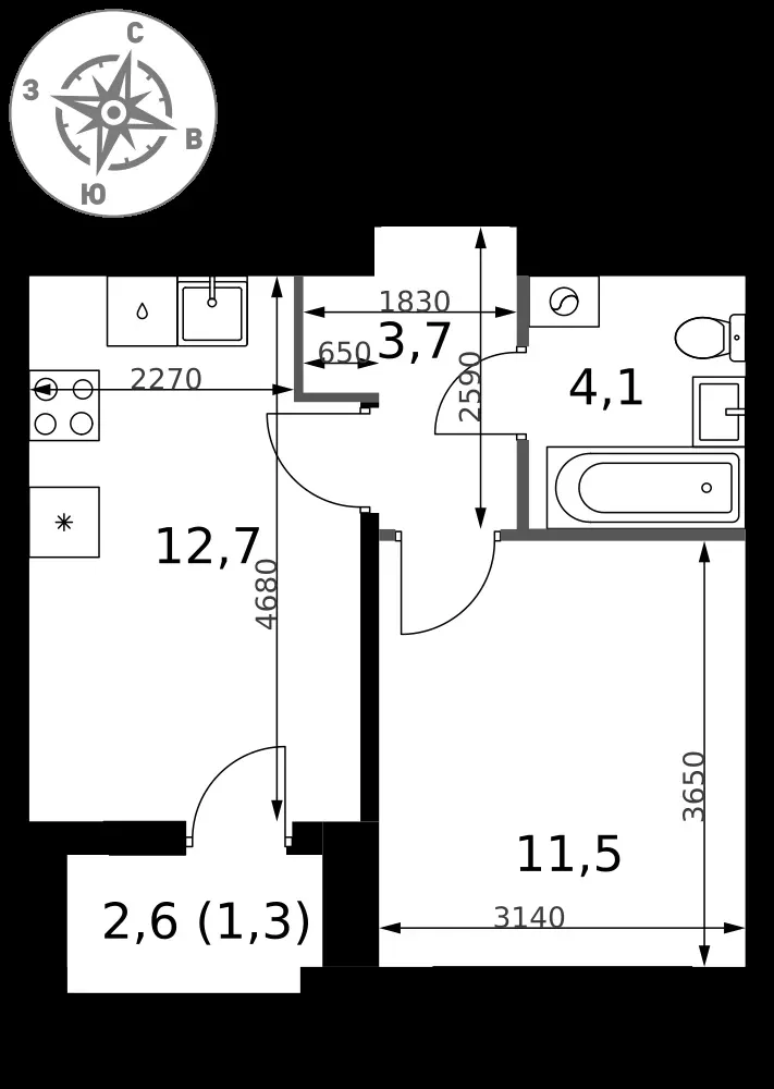 1-комнатная, 33,3 м² — 13 831 588 ₽