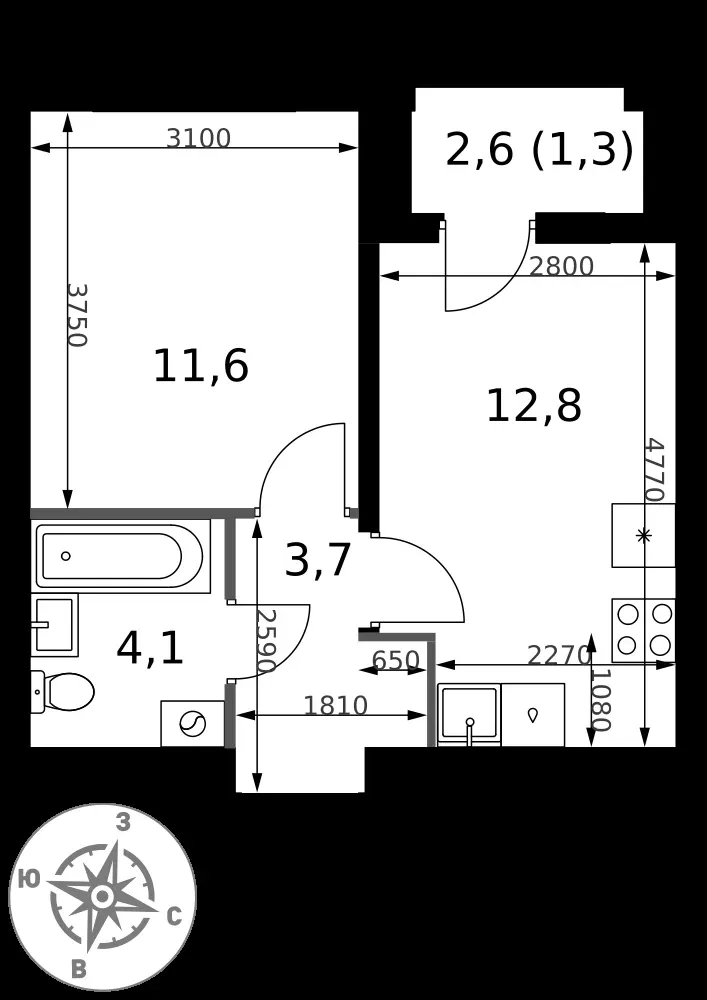 1-комнатная, 33,5 м² — 13 685 085 ₽