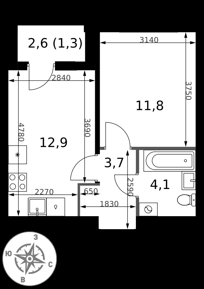 1-комнатная, 33,8 м² — 13 882 843 ₽
