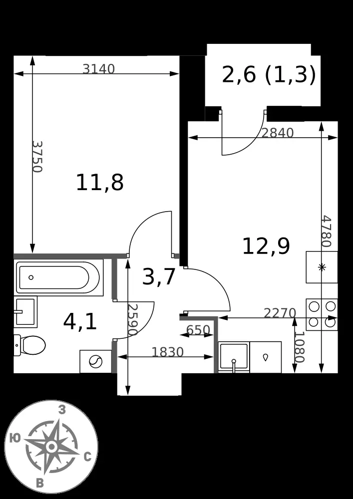 1-комнатная, 33,8 м² — 13 102 908 ₽