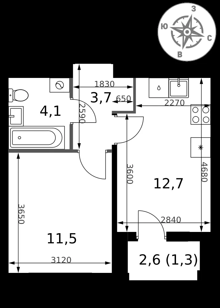 1-комнатная, 33,3 м² — 13 680 439 ₽