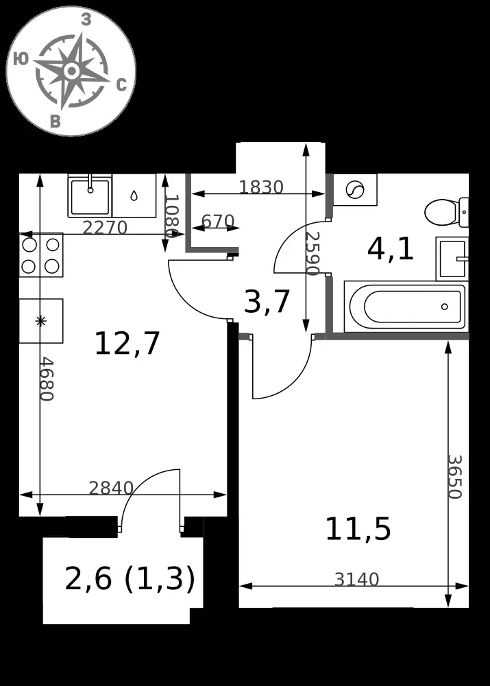 1-комнатная, 33,3 м² — 13 695 258 ₽