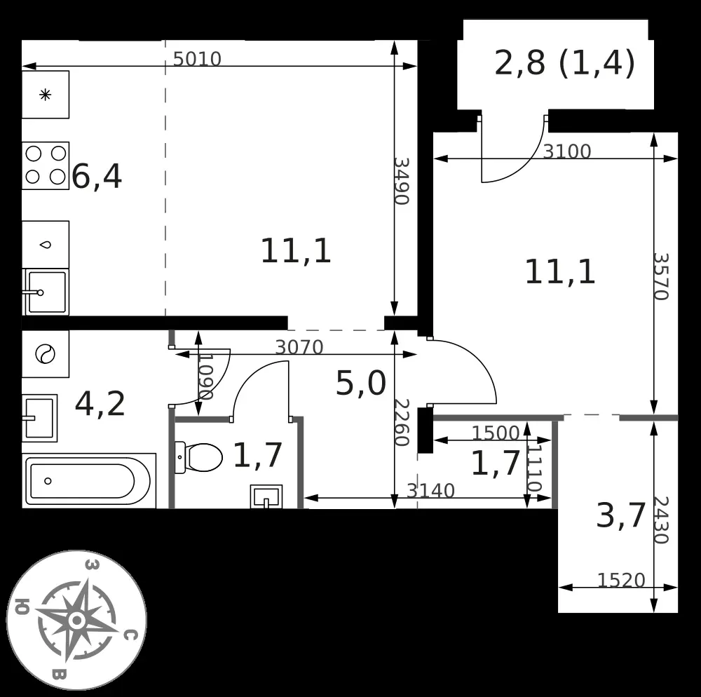 2-комнатная, 46,3 м² — 17 322 636 ₽