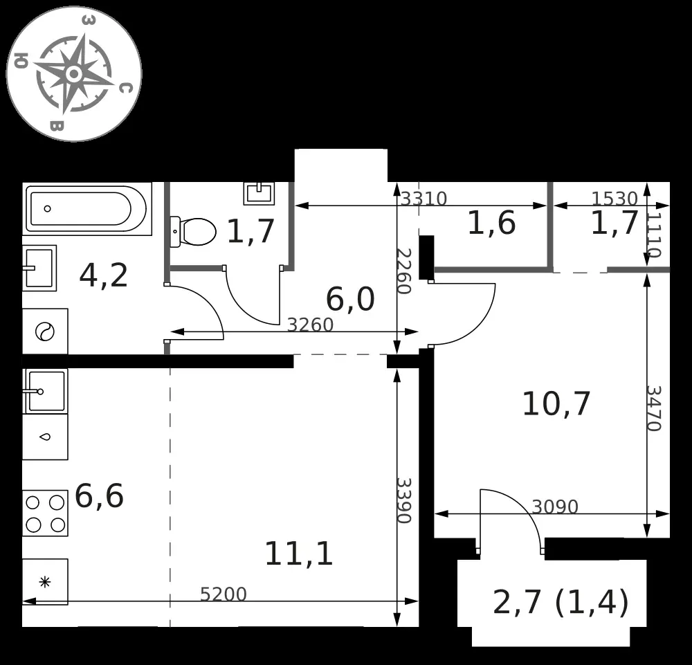 2-комнатная, 45 м² — 16 292 340 ₽