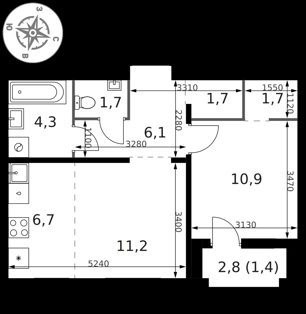 2-комнатная, 45,7 м² — 17 480 661 ₽