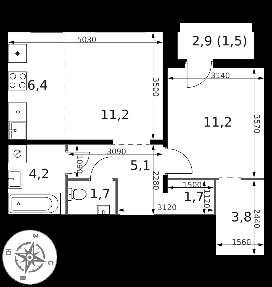 2-комнатная, 46,8 м² — 17 277 250 ₽
