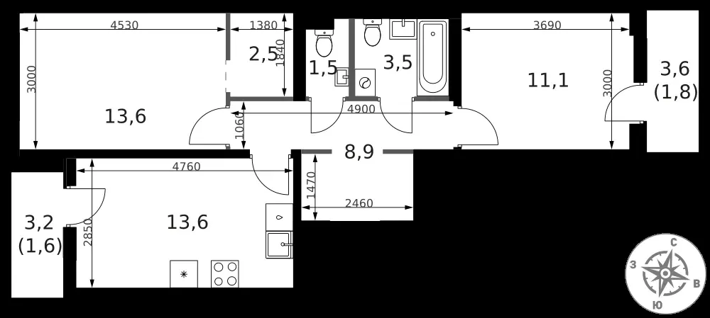 2-комнатная, 58,1 м² — 21 099 887 ₽
