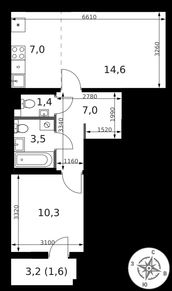 2-комнатная, 45,4 м² — 18 552 347 ₽