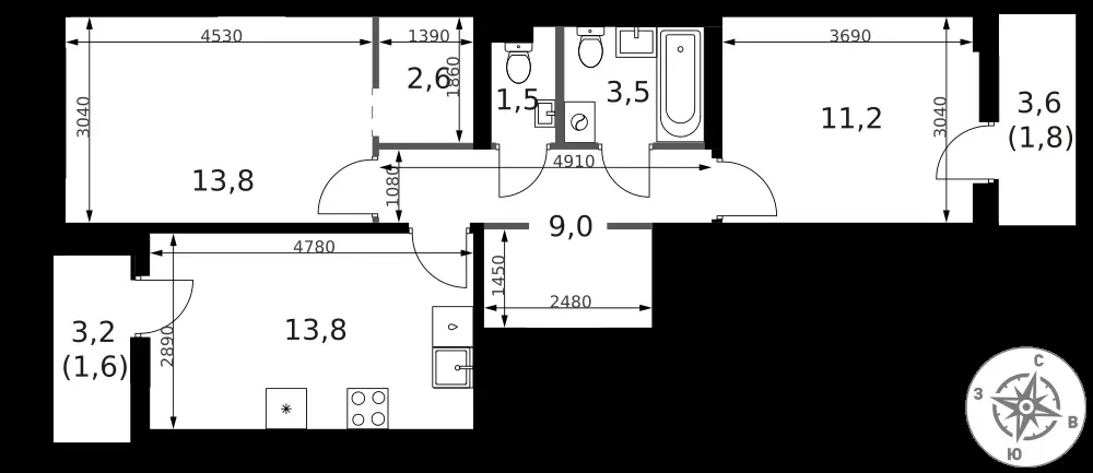 2-комнатная, 58,8 м² — 21 873 600 ₽