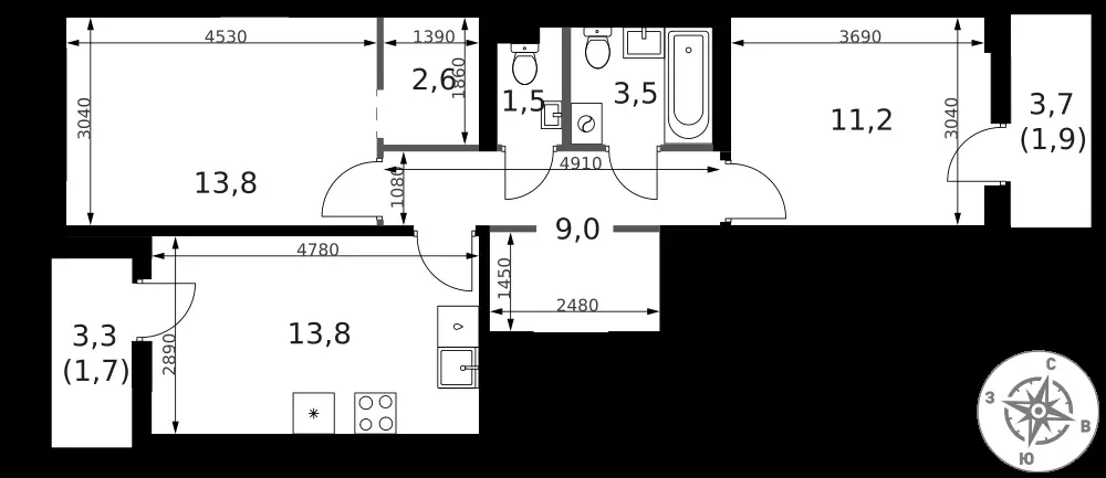 2-комнатная, 59 м² — 21 673 650 ₽