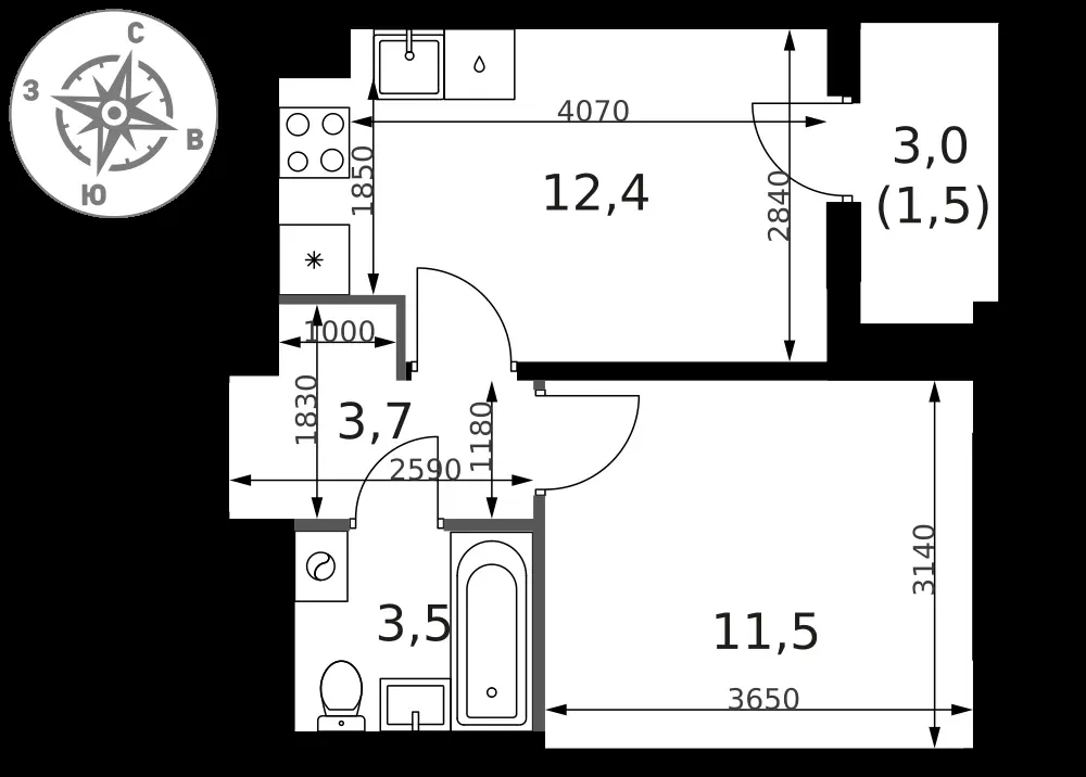 1-комнатная, 32,6 м² — 16 637 084 ₽