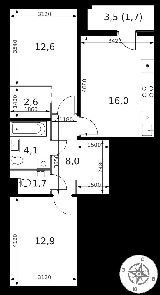 2-комнатная, 59,6 м² — 19 355 756 ₽