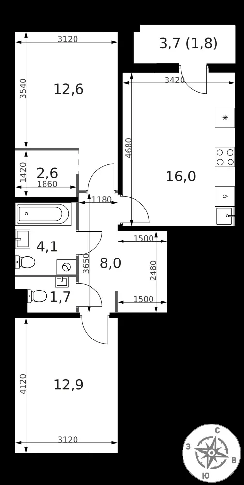 2-комнатная, 59,7 м² — 19 813 296 ₽