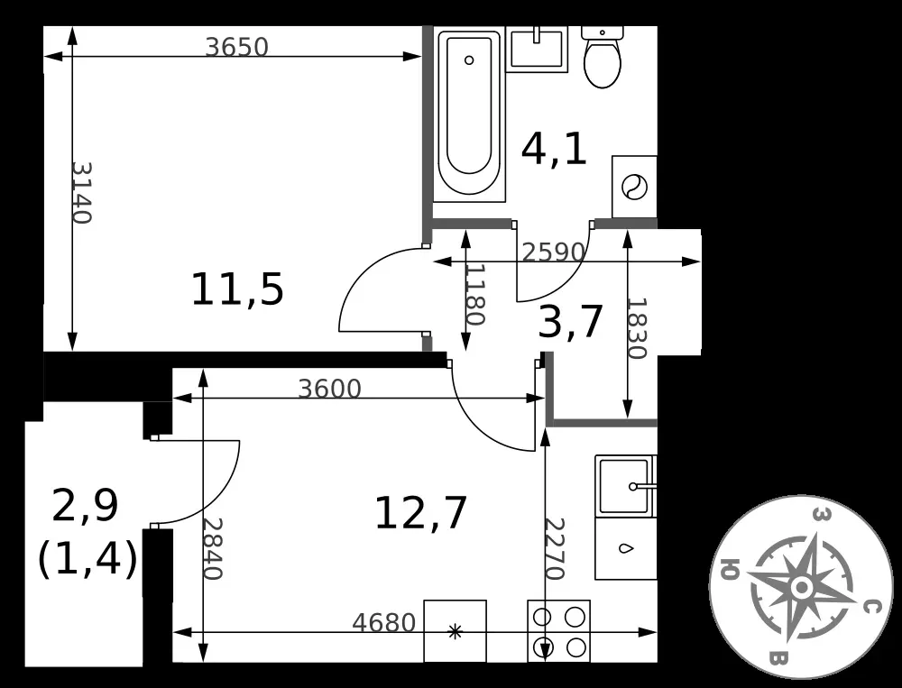 1-комнатная, 33,4 м² — 13 870 152 ₽