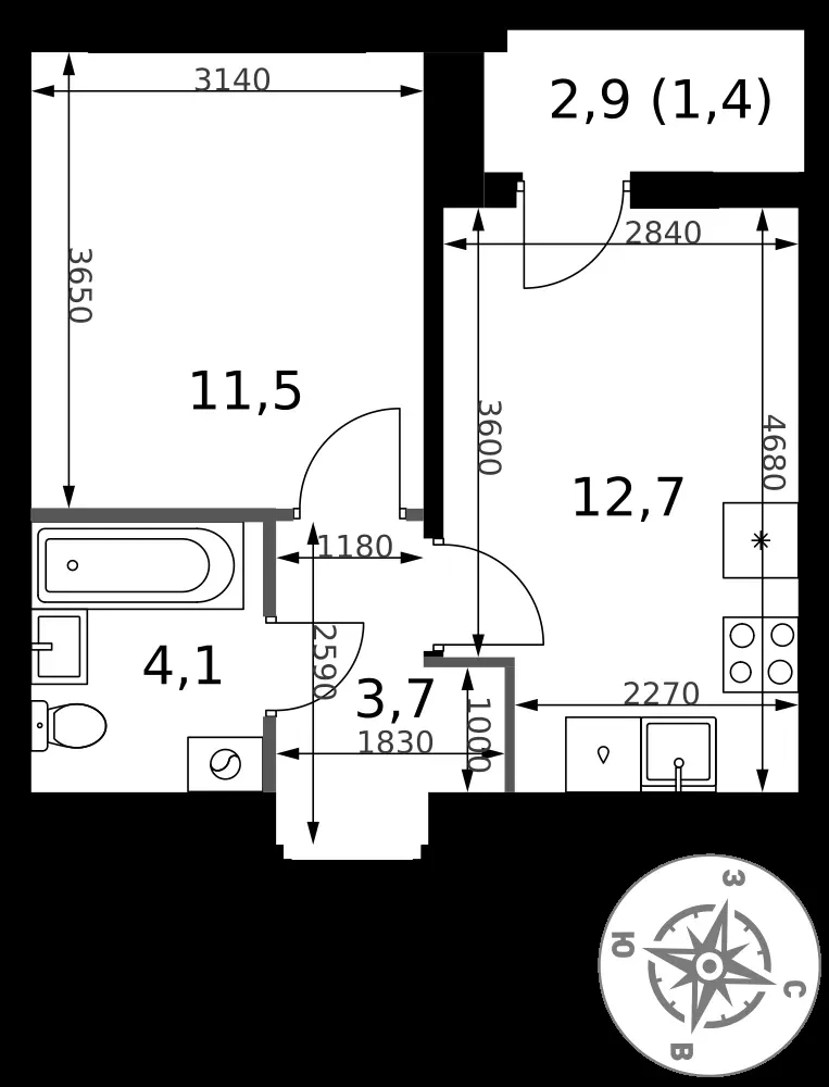 1-комнатная, 33,4 м² — 13 870 152 ₽