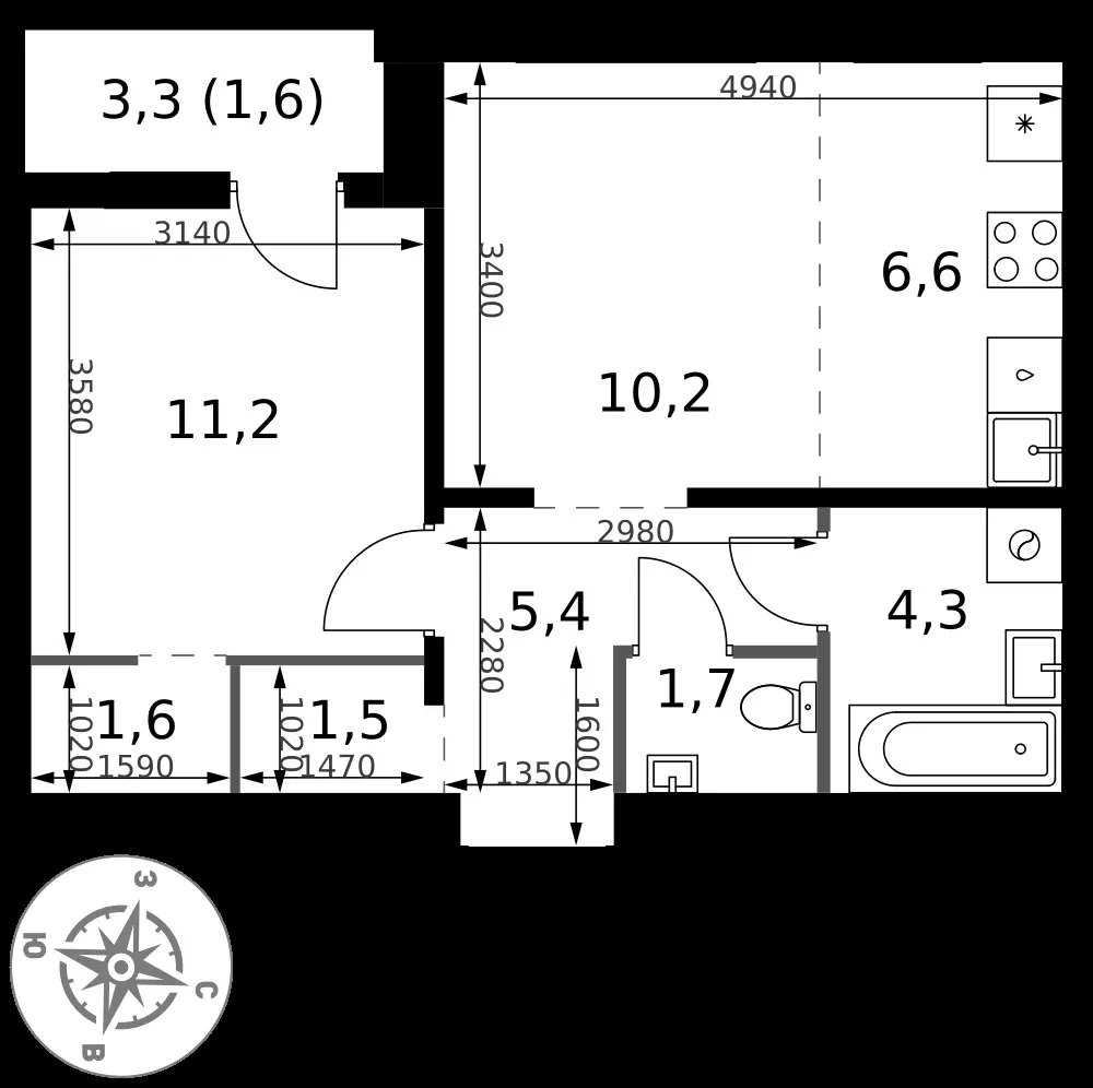 2-комнатная, 44,1 м² — 16 975 281 ₽