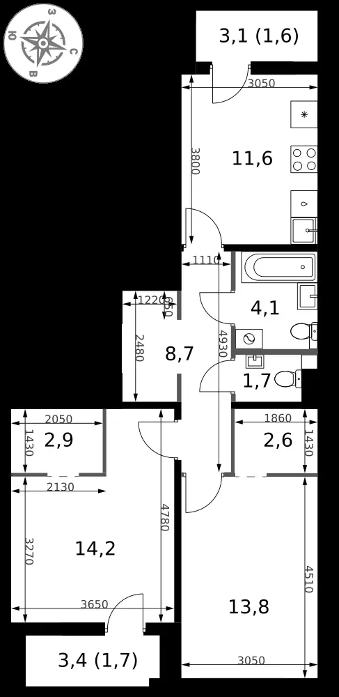 2-комнатная, 62,9 м² — 20 678 690 ₽