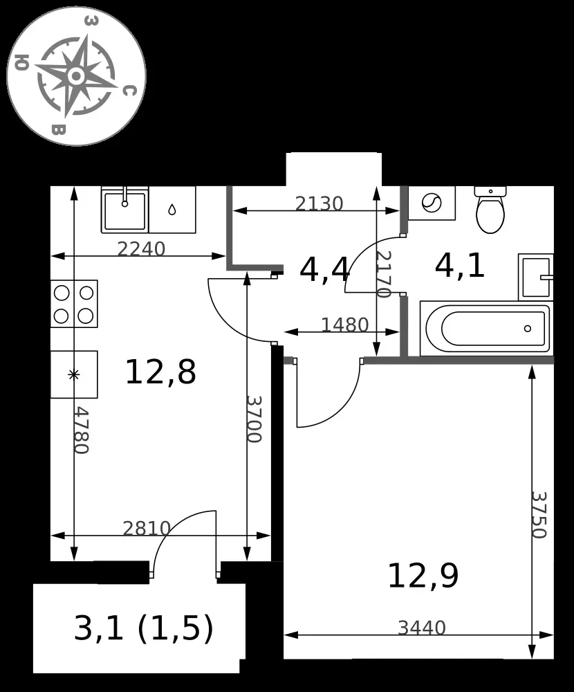 1-комнатная, 35,7 м² — 14 075 439 ₽