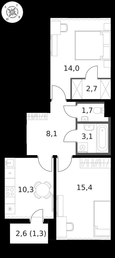 2-комнатная, 56,6 м² — 14 199 808 ₽