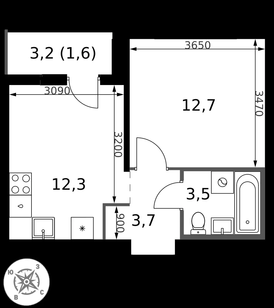1-комнатная, 33,8 м² — 9 874 264 ₽