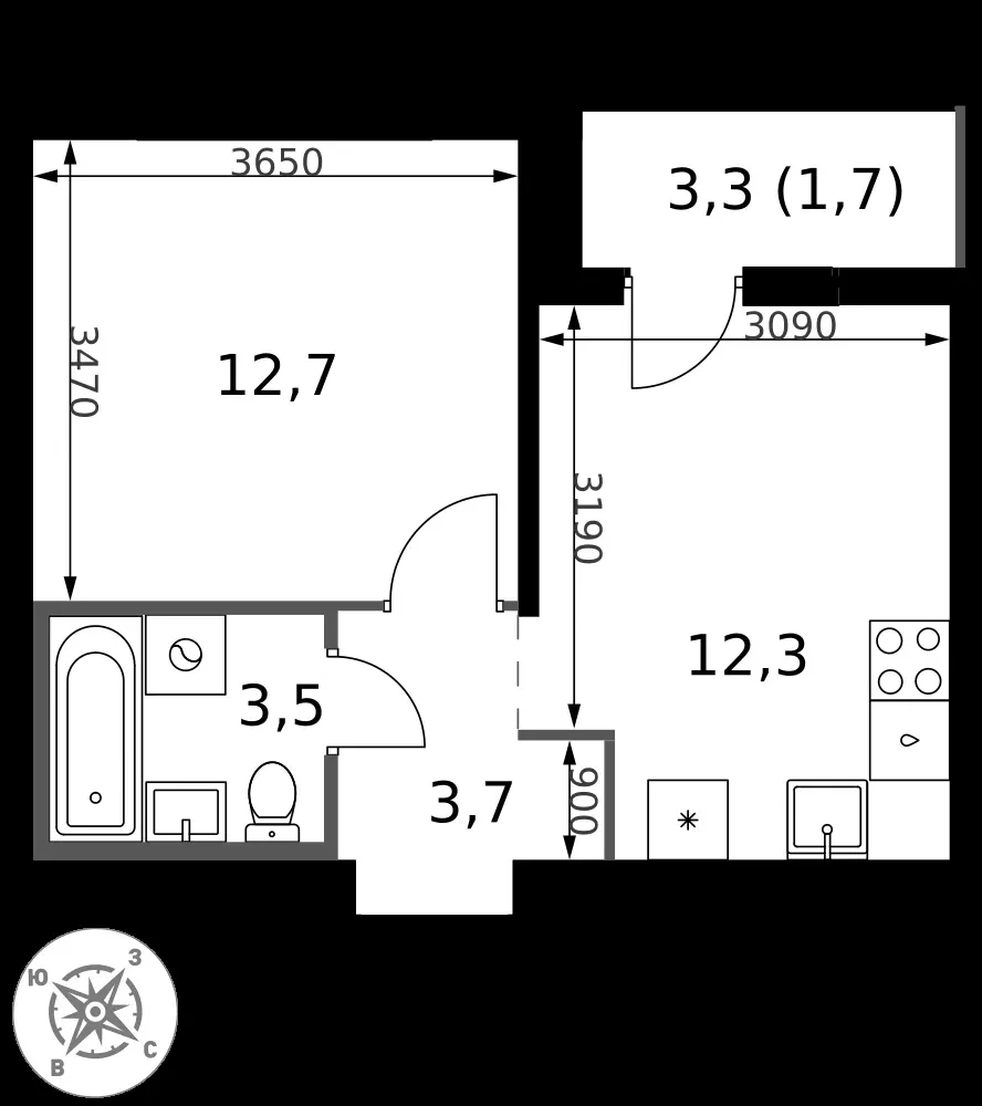 1-комнатная, 33,9 м² — 9 923 411 ₽