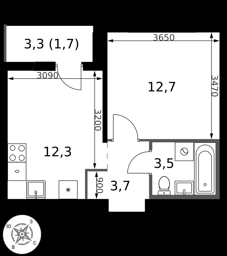 1-комнатная, 33,9 м² — 9 870 256 ₽