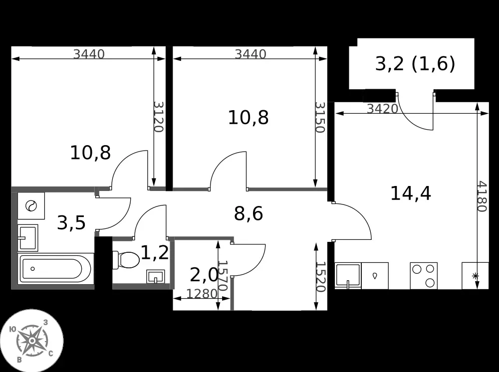 2-комнатная, 52,9 м² — 13 846 998 ₽