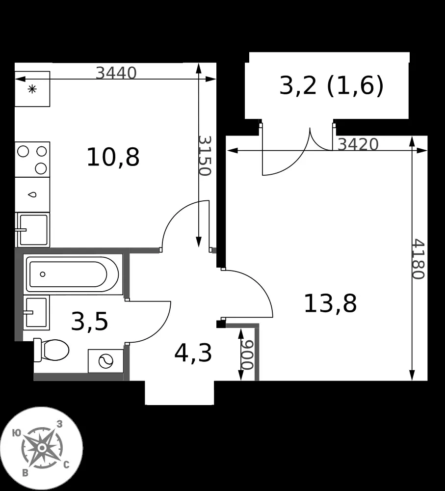 1-комнатная, 34 м² — 9 732 772 ₽