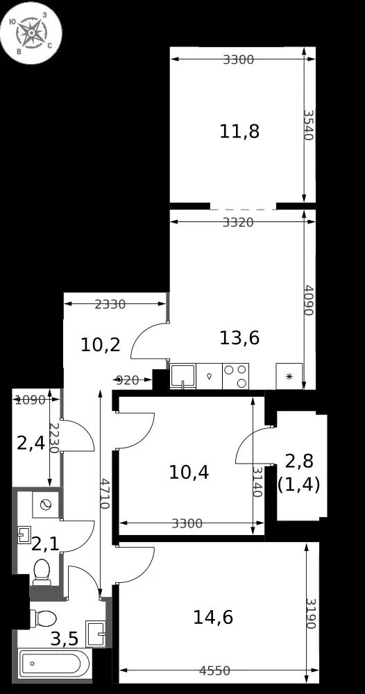 3-комнатная, 70 м² — 16 779 560 ₽